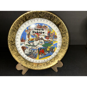 Vintage South Dakota Souvenir Plate Travel 9" Cowboy Mt Rushmore w/ Gold Border